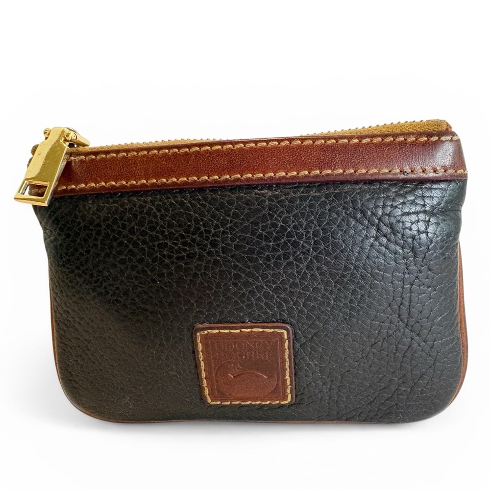 Dooney & Bourke Vintage Black Pebbled Leather Zip Coin Pouch with Brown Trim